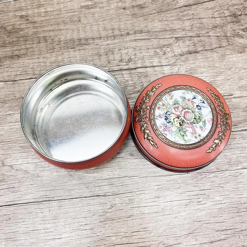 Vintage Pink Floral Tin, Gold Metal Storage Tin Made in England